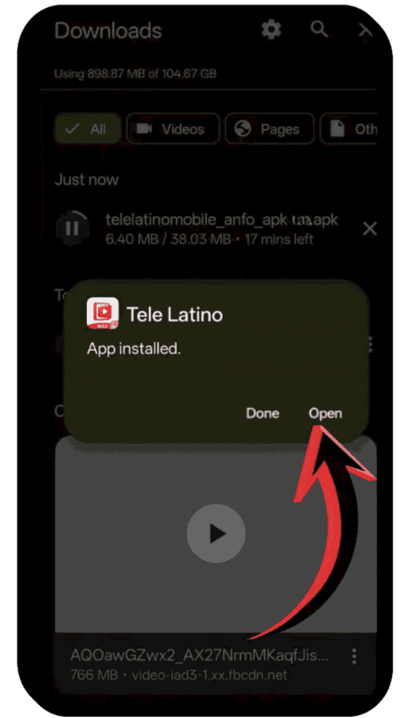 Paso 4 mostrando cómo encontrar el archivo Tele Latino APK en la carpeta Descargas del dispositivo